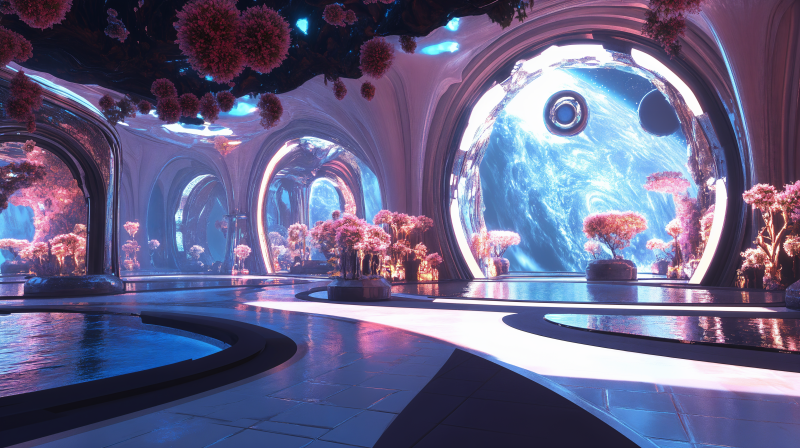 {{ A vibrant sci-fi interior featuring futuristic arches and glowing plants, with a stunning view of outer space through large windows, designed as a 4K Ultra HD wallpaper. 