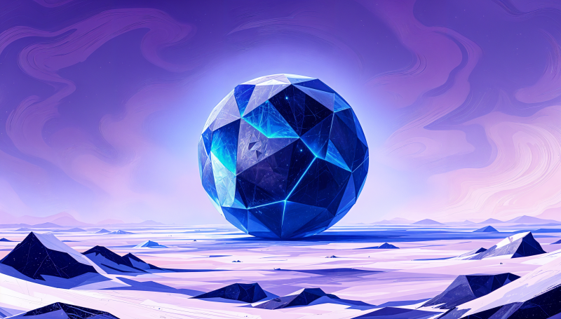 {{ A stunning 4K Ultra HD wallpaper featuring a large, geometric blue sphere set against a soft purple sky, surrounded by a serene icy landscape and distant mountains. 