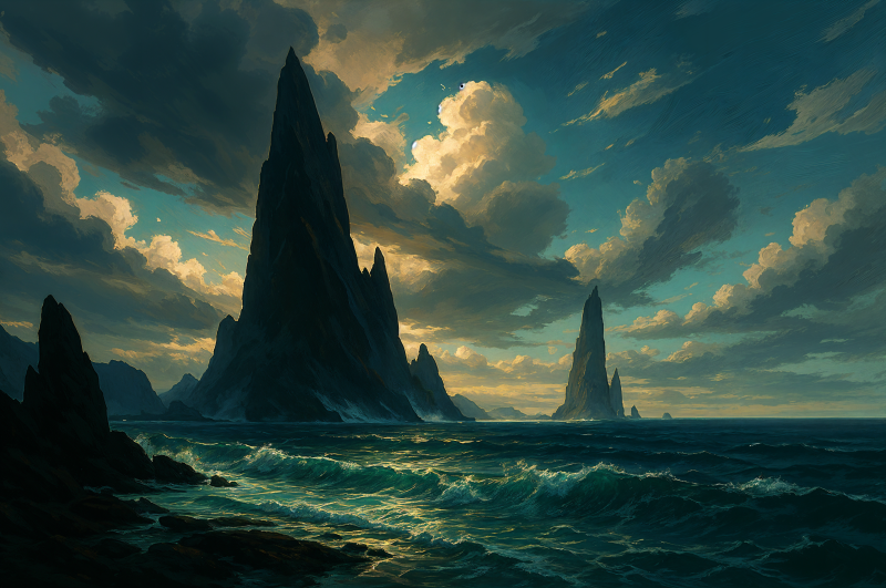 {{ 4K Ultra HD PC desktop wallpaper featuring a dramatic seascape with towering dark rock formations against a moody, cloudy sky over turbulent ocean waves. 