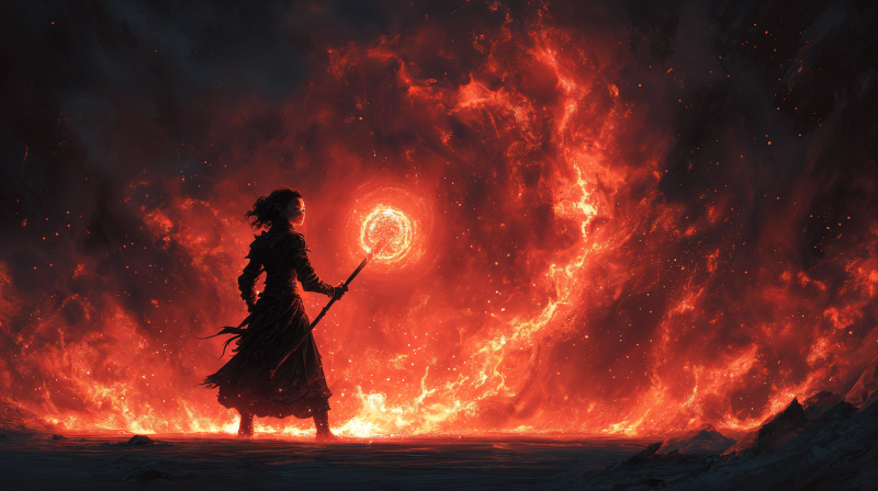 {{ A fantasy scene in 4K Ultra HD of a figure wielding a staff, casting a fiery magic spell that swirls brilliantly against a dark, smoky background. 