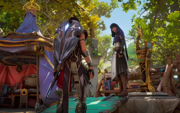 A vibrant scene from the video game Eternal Strands, featuring two characters engaged in conversation amidst a lush, colorful setting, set against a stunning 4K Ultra HD backdrop.