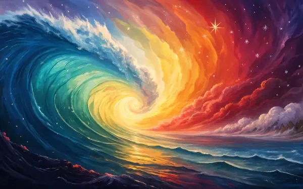A vibrant light spectrum swirls through a dynamic wave, blending colors from deep blue to fiery red under a starry sky. A captivating 4K Ultra HD desktop wallpaper.