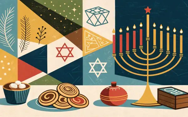 A vibrant 4K Ultra HD wallpaper featuring Hanukkah symbols, including a menorah, dreidel, and traditional treats, set against a festive geometric background.