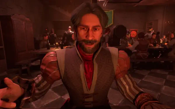 A detailed HD wallpaper from the video game The Quinfall, featuring a charismatic character in a lively tavern setting, surrounded by other patrons.