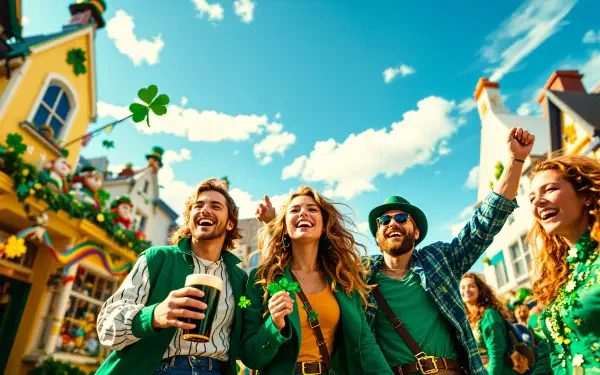 A vibrant St. Patrick's Day celebration with people joyfully wearing green, holding drinks, and enjoying the festive atmosphere, set against a bright blue sky. 4K Ultra HD wallpaper.