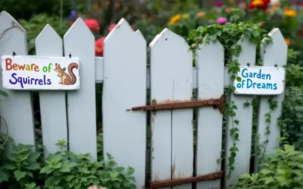 A whimsical garden fence adorned with Beware of Squirrels and Garden of Dreams signs, surrounded by vibrant flowers and lush greenery. 4K Ultra HD PC Desktop Wallpaper.