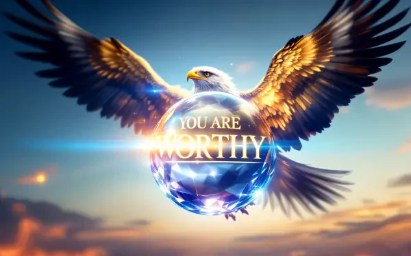 A stunning 4K Ultra HD wallpaper featuring an eagle soaring above, with the empowering text YOU ARE WORTHY glowing at its center against a vibrant sky.