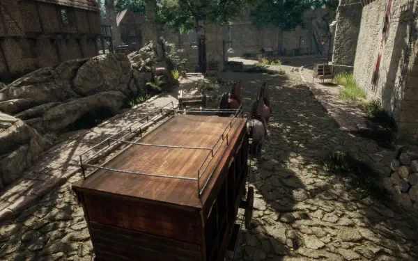 A detailed HD wallpaper from the video game The Quinfall, featuring a wooden carriage on a cobblestone street, surrounded by quaint buildings and lush greenery.