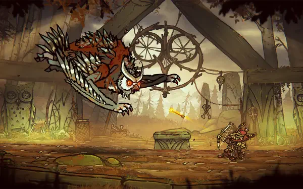 An action-packed scene from Tails of Iron 2: Whiskers of Winter, featuring a fierce creature leaping towards a character in a richly detailed, atmospheric environment.
