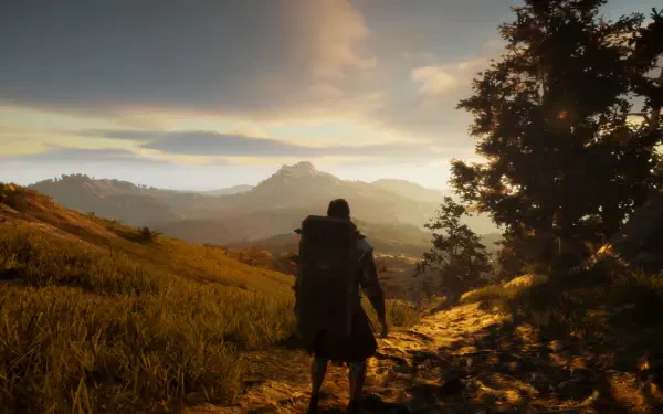 A captivating HD wallpaper from the video game The Quinfall, featuring a traveler walking through a scenic landscape with mountains and a sunset in the background.