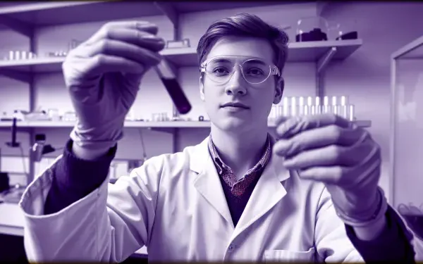 A geneticist in a lab coat examines test tubes in a vibrant laboratory setting, showcasing the dynamic world of genetic research. 4K Ultra HD desktop wallpaper.