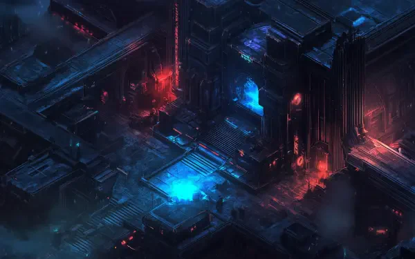 Isometric dark cyberpunk landscape featuring neon blue and red lights, creating a moody and futuristic atmosphere, designed as an HD PC desktop wallpaper and background.