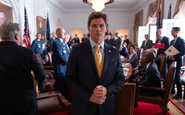 James Marsden stands in a formal setting from the TV show Paradise (2025), surrounded by a group of people engaged in discussion in an elegant room.