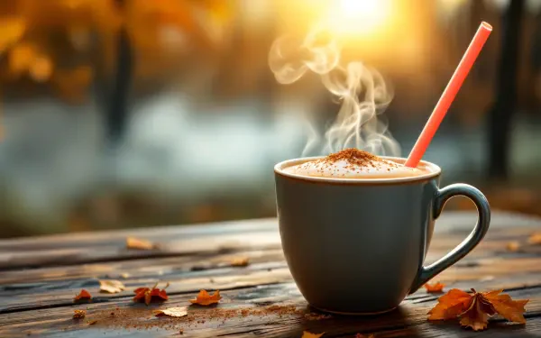 A steaming mug of pumpkin spice sits on a rustic table scattered with autumn leaves, illuminated by warm sunlight, creating a cozy fall atmosphere in this 4K Ultra HD wallpaper.