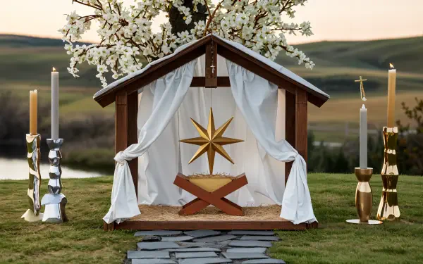 A beautifully crafted nativity scene featuring a golden star, set in a serene landscape, serves as an inspiring 4K Ultra HD desktop wallpaper and background.