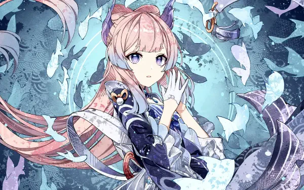 HD PC desktop wallpaper featuring Sangonomiya Kokomi, a girl character from the video game Genshin Impact, surrounded by ethereal aquatic elements and soft blue tones.