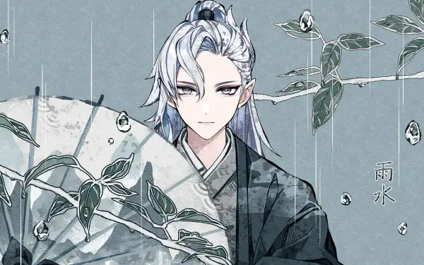 HD PC wallpaper of Neuvillette from the Genshin Impact video game — a silver‑haired young man in traditional robes holding a leaf-patterned fan amid falling rain.