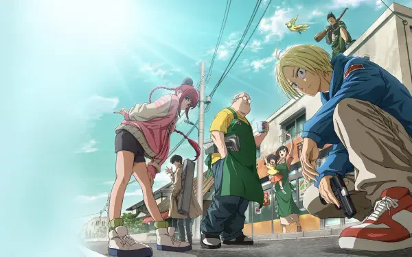 HD PC desktop wallpaper of Sakamoto Days characters gathered outdoors under a bright blue sky, showcasing dynamic poses and detailed anime-style art.