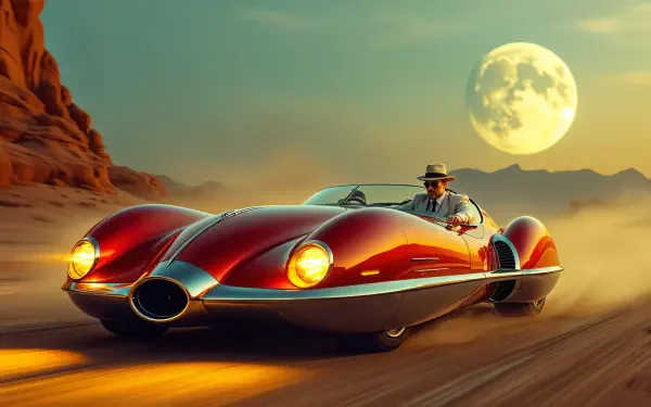 A stunning 4K Ultra HD image of a vintage red car racing through a desert landscape with a large moon in the sky, capturing the spirit of a classic road trip adventure.
