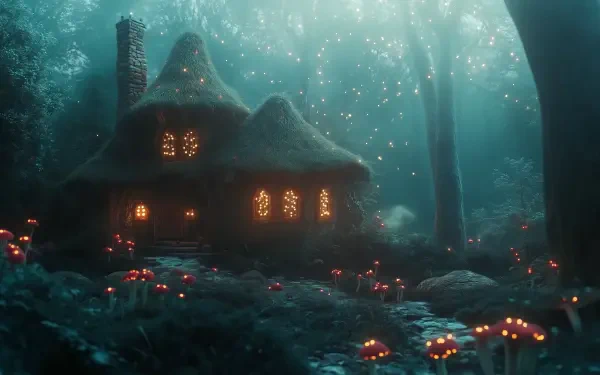 A mystical forest scene featuring a cozy cottage illuminated by glowing windows, surrounded by vibrant mushrooms and ethereal light, creating a captivating fantasy landscape.