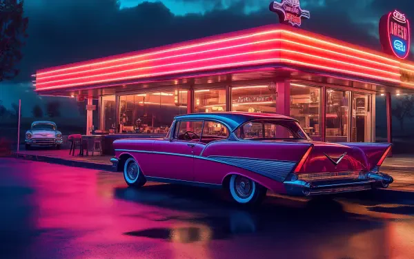 A vibrant retro scene featuring a classic car parked in front of a neon-lit diner, capturing the nostalgic essence of Route 66 in an HD desktop wallpaper.