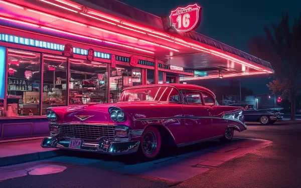 A red vintage car parked outside a neon-lit diner at night, captured in HD for a striking PC desktop wallpaper background.
