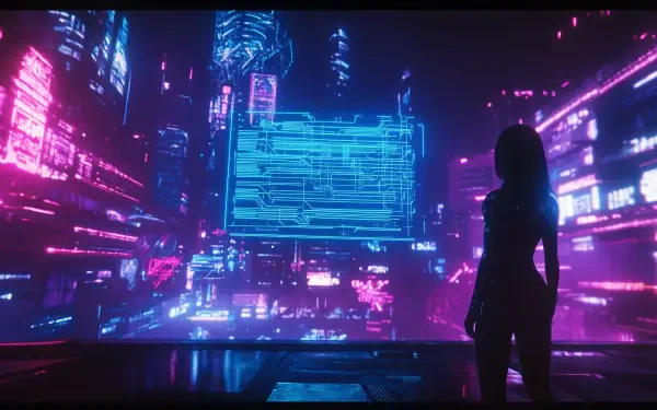 A silhouetted figure stands before a vibrant cyberpunk cityscape, filled with neon colors and holographic displays, creating an immersive futuristic atmosphere in HD quality.