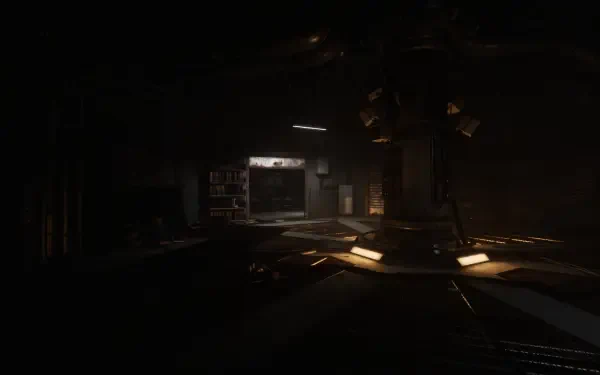 A dark, atmospheric HD wallpaper featuring an eerie setting from Poppy Playtime: Chapter 4, showcasing shadows and dim lighting that enhance the game's suspenseful vibe.