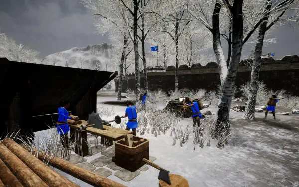 A snowy scene from the video game Eyes of War, featuring characters in blue attire working amid trees and ruins, set against a dramatic, overcast sky. 4K Ultra HD quality.