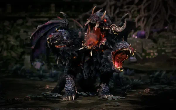 A detailed 4K Ultra HD wallpaper featuring Cerberus from Path of Exile 2, showcasing the three-headed beast with fierce expressions in a dark, atmospheric setting.