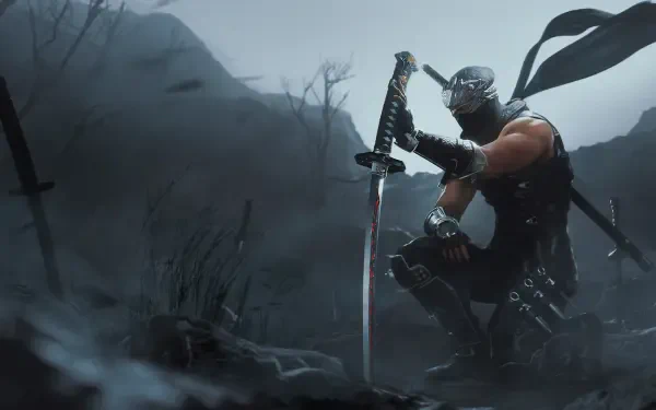 A dramatic HD wallpaper from Ninja Gaiden 2 Black, featuring a ninja in a dark, misty landscape, crouching with a sword, showcasing a tense atmosphere and striking visuals.
