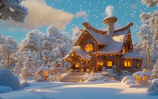 A cozy lodge surrounded by snow, adorned with warm lights, set against a serene winter landscape. This HD desktop wallpaper captures the essence of a warm and inviting winter retreat.