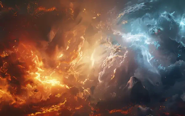 A dramatic apocalyptic scene features a fiery orange sky clashing with a turbulent blue atmosphere, creating a powerful backdrop for a digital battle. Ideal for an HD desktop wallpaper.