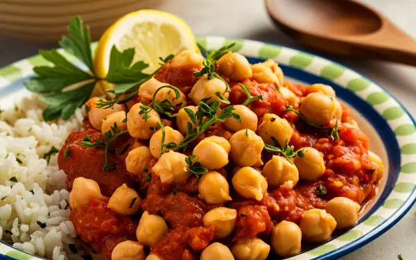 A vibrant plate featuring chickpeas in a savory tomato sauce, garnished with herbs and accompanied by fluffy rice, set against a light background. 4K Ultra HD PC desktop wallpaper.