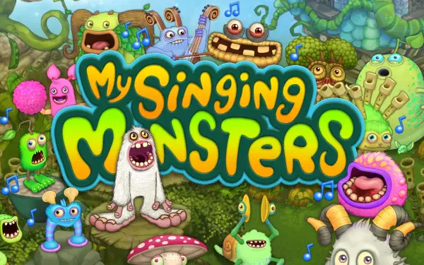 Colorful characters from the mobile game My Singing Monsters gather in a whimsical setting, featuring vibrant designs and musical elements, set against a lush backdrop.