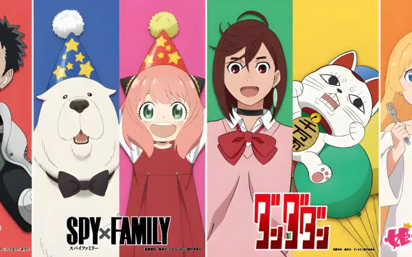 2K Quad HD anime desktop wallpaper: colorful vertical panels showing characters from Kaiju No. 8, Spy x Family, Dandadan, and 'Tis Time for Torture Princess.