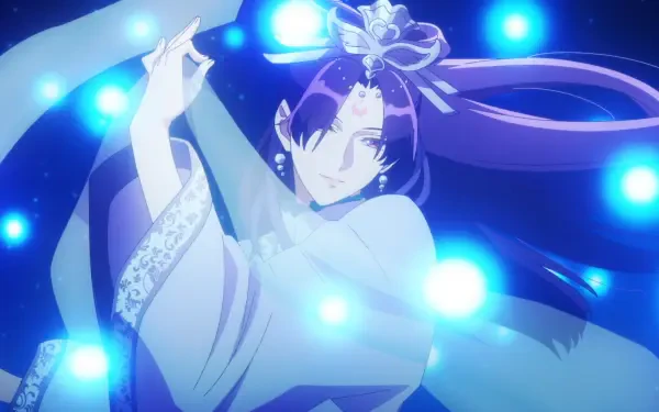 Anime HD desktop wallpaper of Jinshi from The Apothecary Diaries surrounded by glowing blue orbs in a dynamic, ethereal scene.