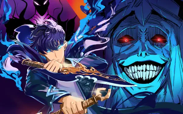 4K Ultra HD Solo Leveling PC wallpaper featuring a dynamic character wielding dual swords with glowing blue energy, facing a menacing, grinning blue-skinned figure.