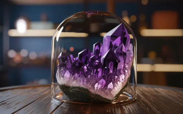 A stunning amethyst crystal formation displayed under a glass dome, set against a blurred background, creating an elegant 4K Ultra HD desktop wallpaper.