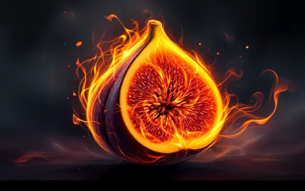 A vibrant, stylized fig is depicted against a dark background, surrounded by fiery orange and yellow flames, creating a striking 4K Ultra HD desktop wallpaper.