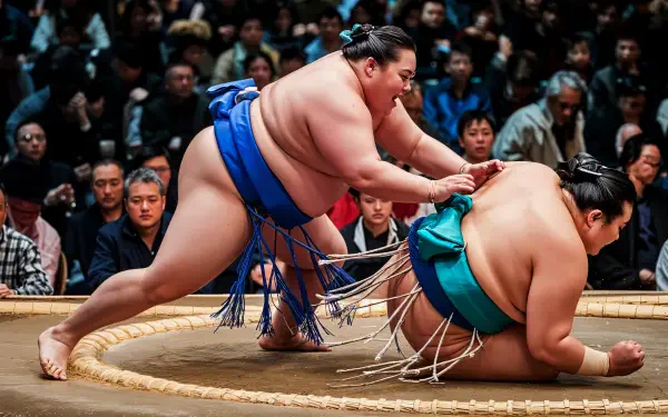 A vibrant 4K Ultra HD image of two sumo wrestlers in action, showcasing traditional attire and a captivating match, surrounded by an engaged audience in the background.