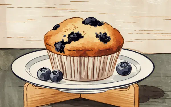 A delicious blueberry muffin sits on a plate, surrounded by fresh blueberries, set against a rustic background. This image serves as a vibrant 4K Ultra HD desktop wallpaper.