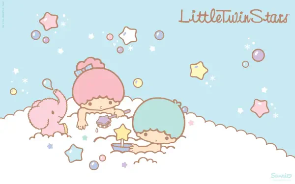 A charming HD desktop wallpaper featuring the Little Twin Stars from Sanrio, with pastel colors, playful elements, and an adorable elephant amidst clouds and stars.