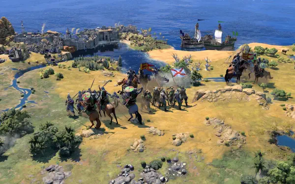 A vibrant HD wallpaper from Sid Meier's Civilization VII, showcasing a dynamic landscape with armies in action, ships on water, and lush greenery, capturing the essence of strategic gameplay.