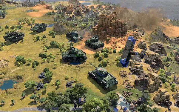 A vibrant HD wallpaper from Sid Meier's Civilization VII, showcasing tanks and military units in a detailed, lush landscape with varied terrain and strategic elements.