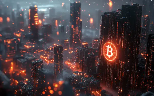 A stunning cyberpunk cityscape featuring futuristic buildings illuminated with a warm glow, prominently displaying a Bitcoin symbol. Perfect as a HD wallpaper for tech enthusiasts.