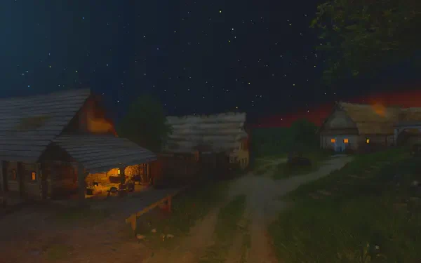 HD PC desktop wallpaper depicting a nighttime medieval village scene from the video game Kingdom Come: Deliverance II under a starry sky.