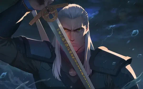 Vibrant HD wallpaper featuring Geralt of Rivia from The Witcher: Sirens of the Deep, gripping his sword against a mystical, stormy backdrop.