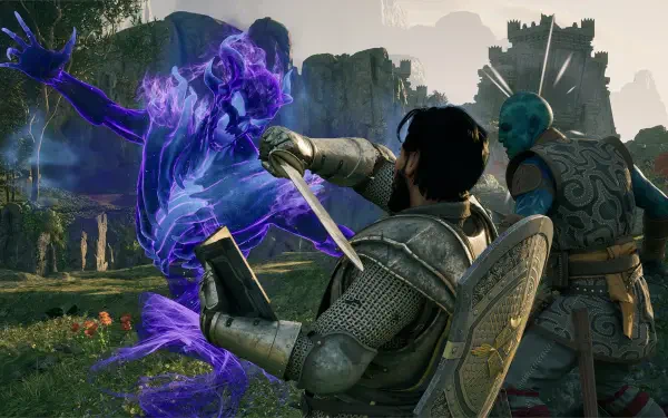 A warrior confronts a purple spirit in the game Avowed, set against a backdrop of ancient ruins. The HD wallpaper captures an intense moment in this epic fantasy adventure.