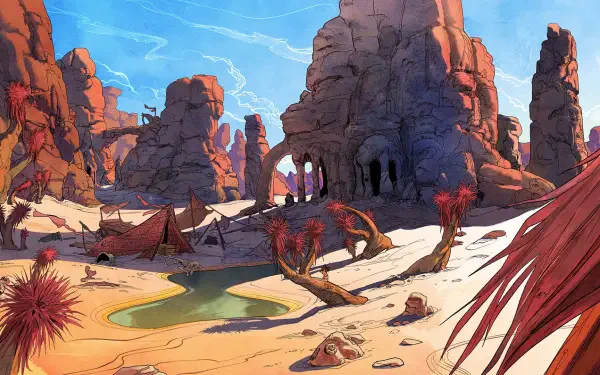 A vibrant desert landscape from the video game Avowed, featuring rocky formations, a serene pool, and unique plants, perfect for an HD PC desktop wallpaper.